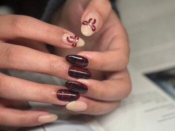 アース コアフュールボーテ 笛吹店(EARTH coiffure beaute)/リボン×チェックネイル