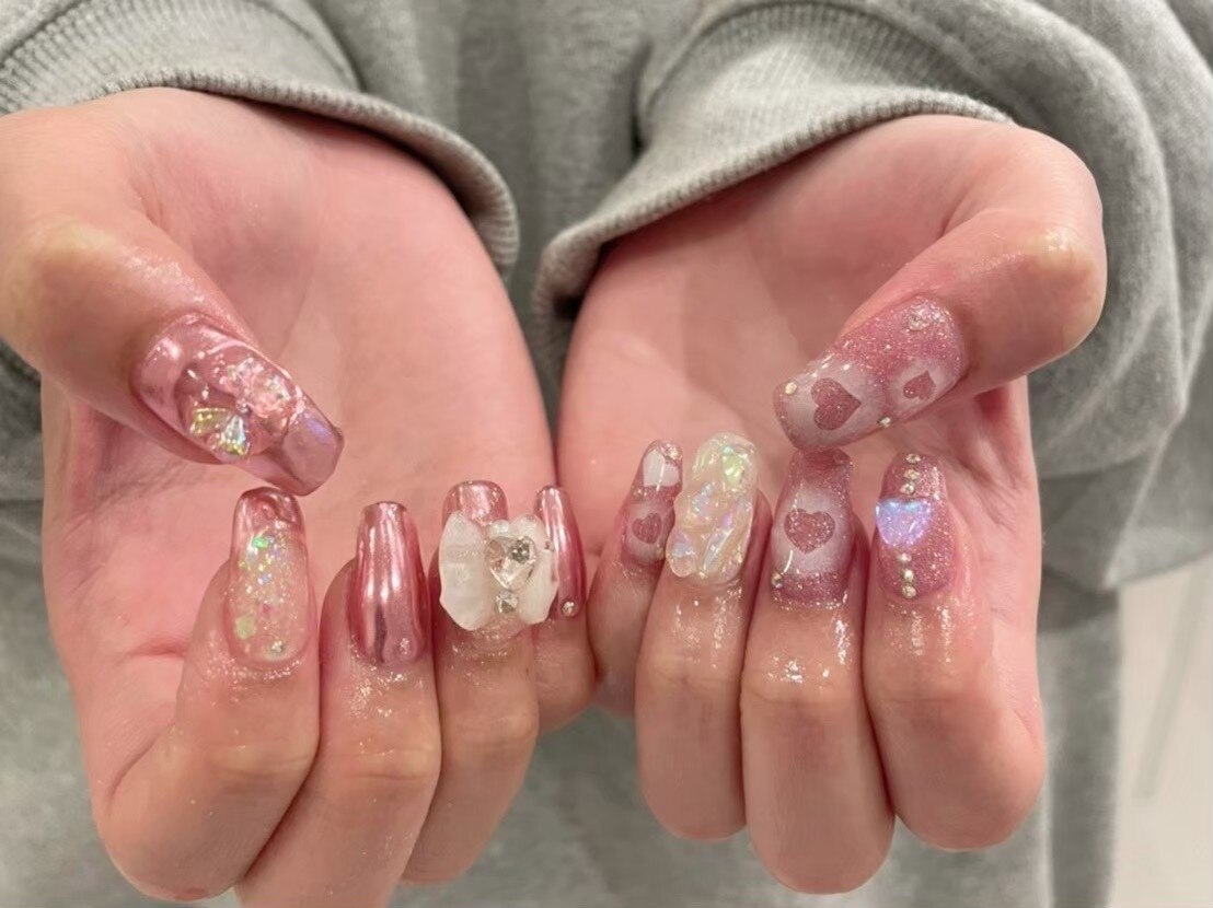 ピンクブルーワンホンニュアンスネイル オーロラ 韓国 ビジュー ハート