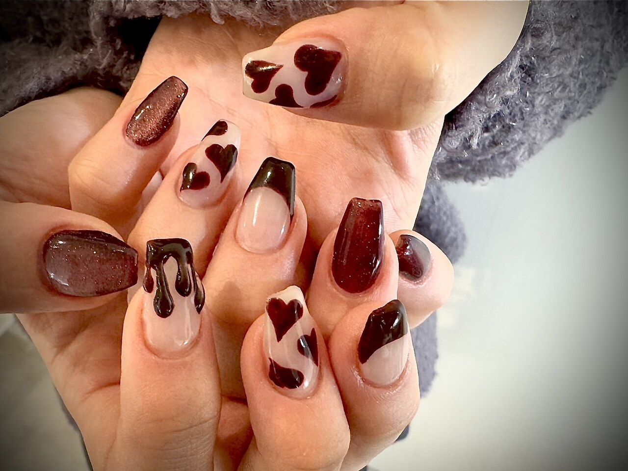 10))フレンチガーリー バレンタイン ネイルチップ ハートネイル ボルドー 冬 10))フレンチガーリー バレンタイン ネイルチップ ハートネイル