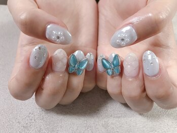 キキネイル たまプラーザ店(kikinail)/ブルーサテン バタフライネイル