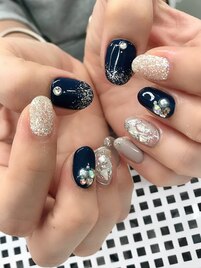 (遠藤)キラキラネイビー秋ネイル