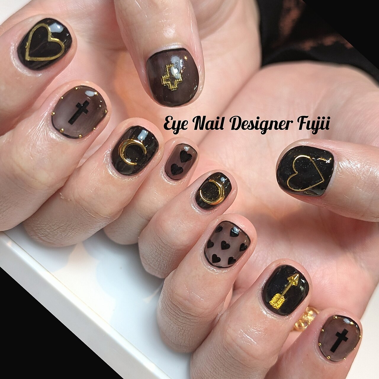 ネイルチップ 量産型地雷系ゴテゴテ フリル黄色黒推しネイル