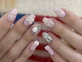 ジェミーネイル エビス(Jemiy nail ebisu)/ガーリーレースピンクフレンチ