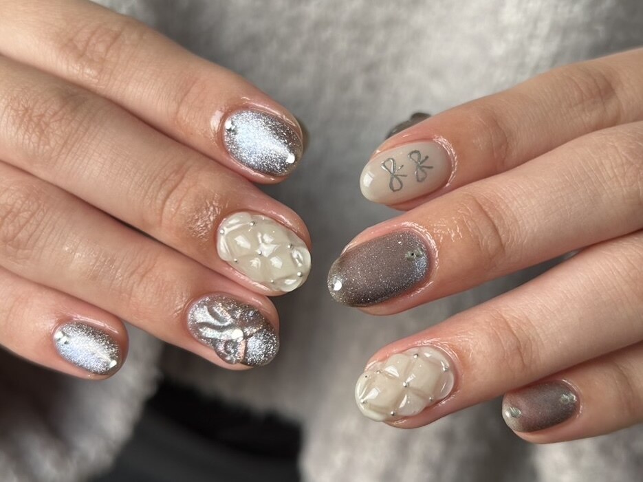 ネイルチップ ワンホン シルク 薔薇 ビジュー ネイルチップ 薔薇