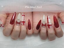 ピオミエルネイル 新宿(pio miel nail)/ボルドーレッド×パールリボン