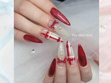 ピオミエルネイル 新宿(pio miel nail)/ボルドーレッド×パールリボン