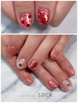 ネイルアトリエルカ(nail atelier LUCA)/W-46ミラーリボン×ハートネイル