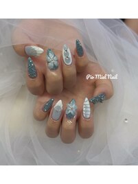 ブルーグレー×3Dアートネイル