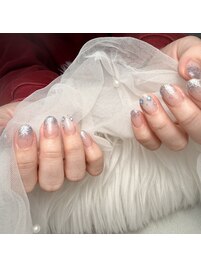 ラメグラ/手描きフラワーネイル