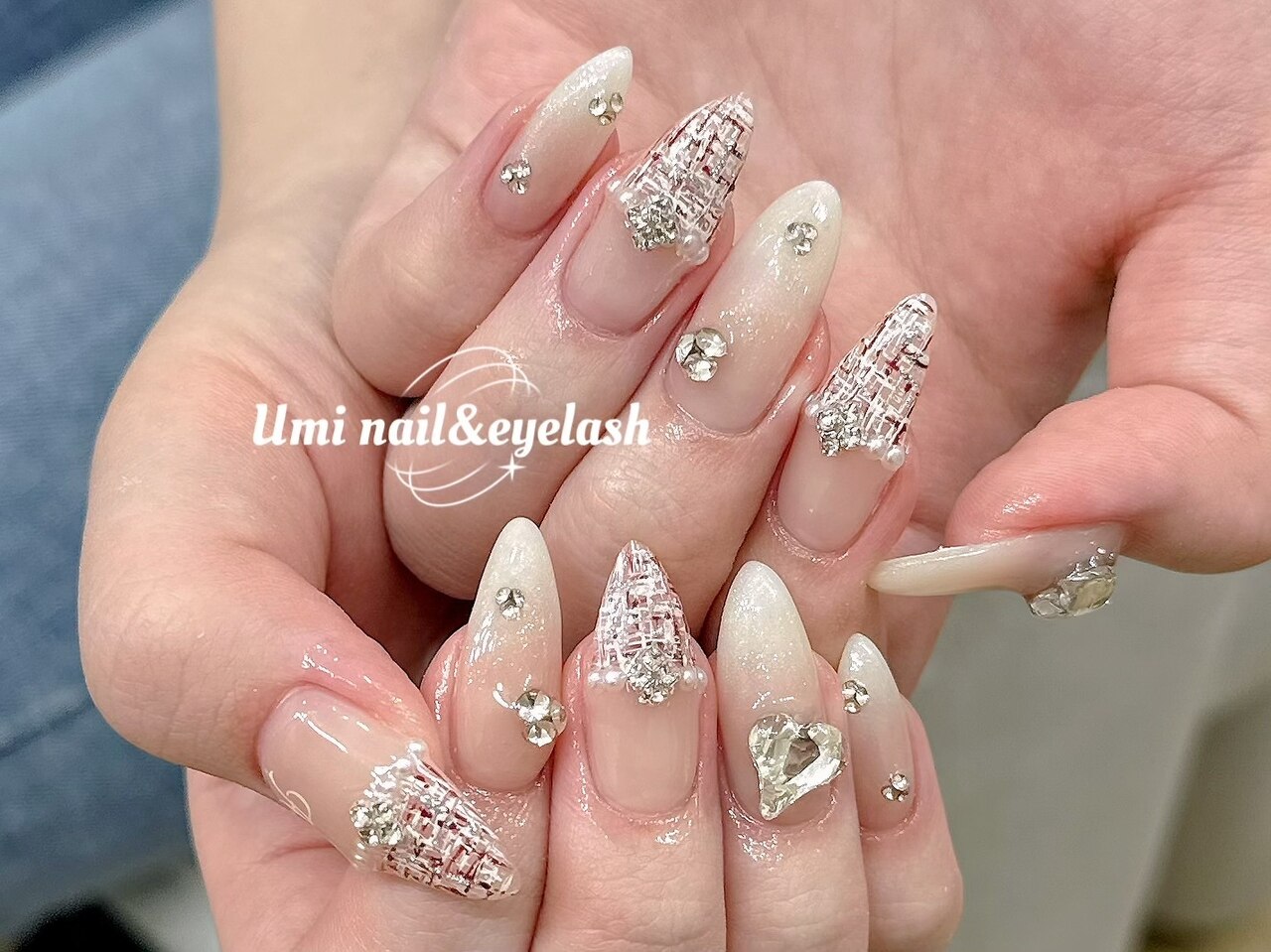 ネイルチップ　チョコレート　ツイードチェック　韓国ワンホンキラキラくまマグネット ツイード/マグネット/キラキラ/ワンホン/韓国 - 雪奈のネイルデザイン