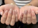 リボンとチェックの透け感ネイル