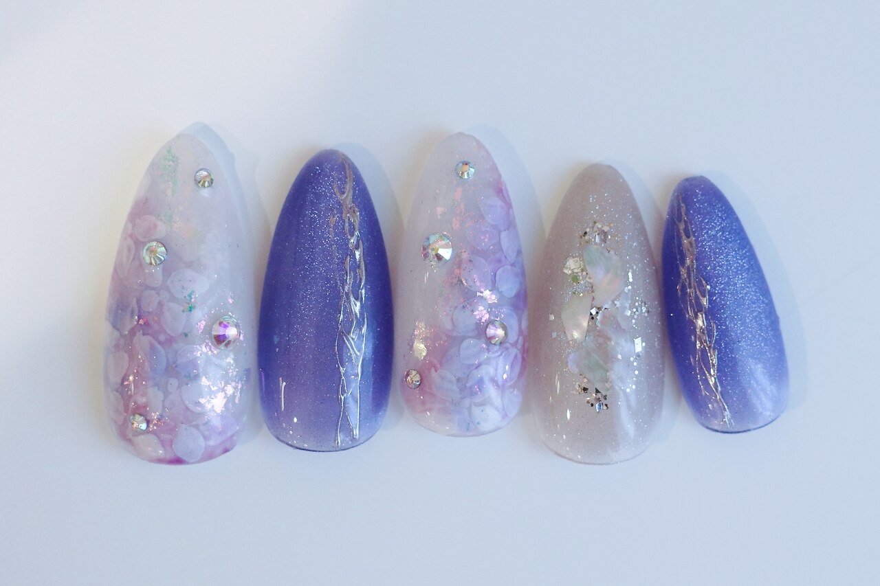 【243】オーダー紫陽花　パープルマグネット　シアーパステル　ニュアンスネイル 243オーダー❉紫陽花 パープルマグネット シアーパステル ニュアンス