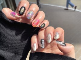 カラフル 金繋ぎ ミラーネイル