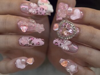 春レオパードピンクネイル