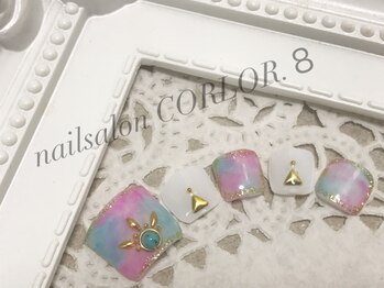 ネイルサロン カラーエイト(Nailsalon COLOR.8)/フット、タイダイ柄、ターコイズ