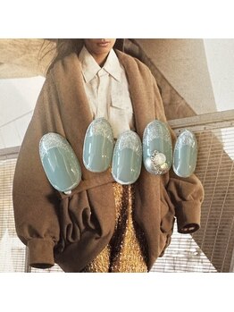 レイネイル レイアイ レイエステティック 扶桑店/くすみブルー×チェーンネイル