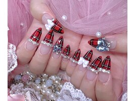 赤ネイル チェック リボンネイル