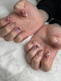 チェック×リボンネイル