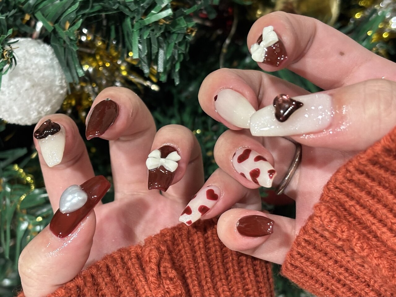 48))ハートネイル ネイルチップ ボルドーネイル フレンチガーリー ホワイト ボルドー♥️ ありがとうございました🙌 #ボルドーネイル#赤ネイル