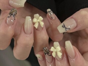 ジェミーネイル エビス(Jemiy nail ebisu)/ガーリーリボンフレンチチェック