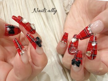 チェック×ボルドー×ツイード