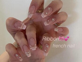 リディネイル(Lidy nail)/【Pink】フレンチ×リボン