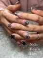 ネイルズ グラヴィス(Nails Gravis)&nbsp;持込フルアートコース！黒のフラッシュグラデにリボンパーツ