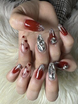 フラワーズネイル(flowers nail)/ハートネイル/ボルドー