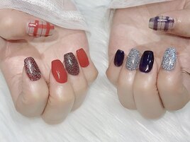 アシメ red×navy×チェック柄