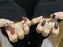 サクノネイル(SAKUNONAIL)/レッドブラックガーリーネイル