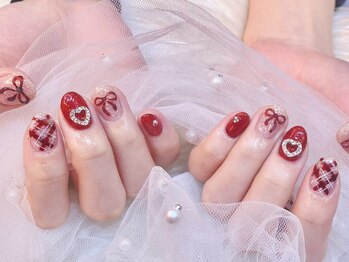 キレイエ ネイルズ(KIREIE NAILS)/チェック 赤 リボン ガーリー