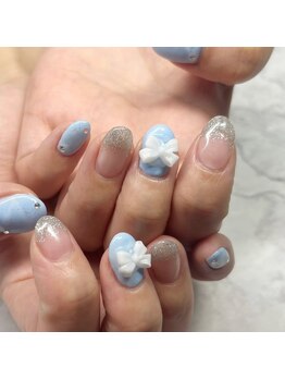 はあとねいる 宇都宮御幸ヶ原店/水色りぼんネイル