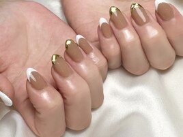 greige×白french×ガラスfrench