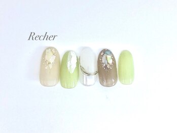 ネイルサロンリシェ 烏丸御池(Recher)/グリーン×ベージュの春ネイル