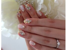 手書きフラワー 緑黄色ピンク金