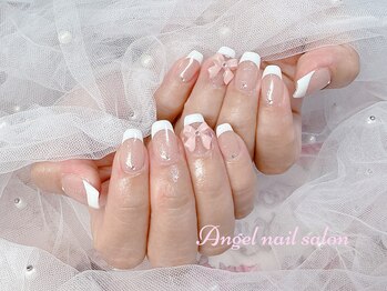 エンジェルネイルサロン(Angel nail salon)/ピンクラメX白フレンチXリボン