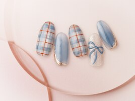 ブルーチェック×リボン