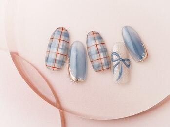 ブルーチェック×リボン