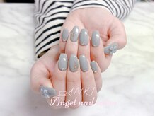 エンジェルネイルサロン(Angel nail salon)/くすみ青XリボンXラメ