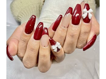 ボルドーネイル×リボン