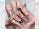 黒リボン×ハートネイル