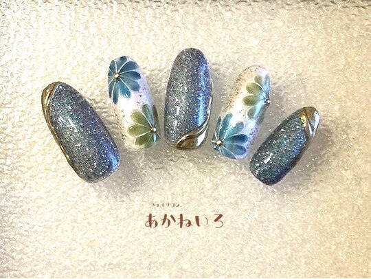 ネイルチップ かいい つけ爪 成人式 振袖 和柄 3D 桜 青 ブルー 黒 ラメ