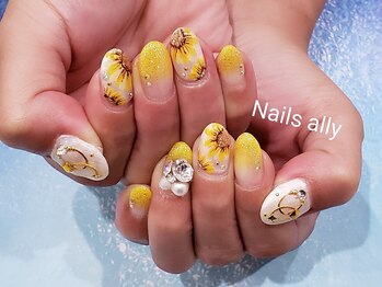 ネイルズアリー 立川店(Nails ally)/ひまわり×VカットストーンART