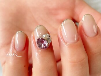 ネイルサロン イントゥ(into_)/細フレンチ　ラメ　ビジュウ