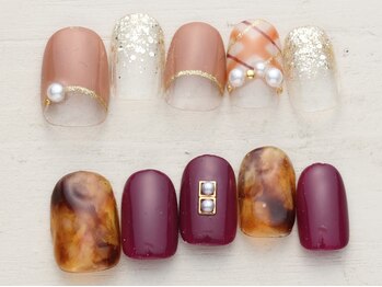ノーネイル 町田(NO NAIL MACHIDA)の写真/気分上がるdesign多数♪【写真】上品パールチェックネイル×深みボルドーべっ甲¥4990♪町田駅
