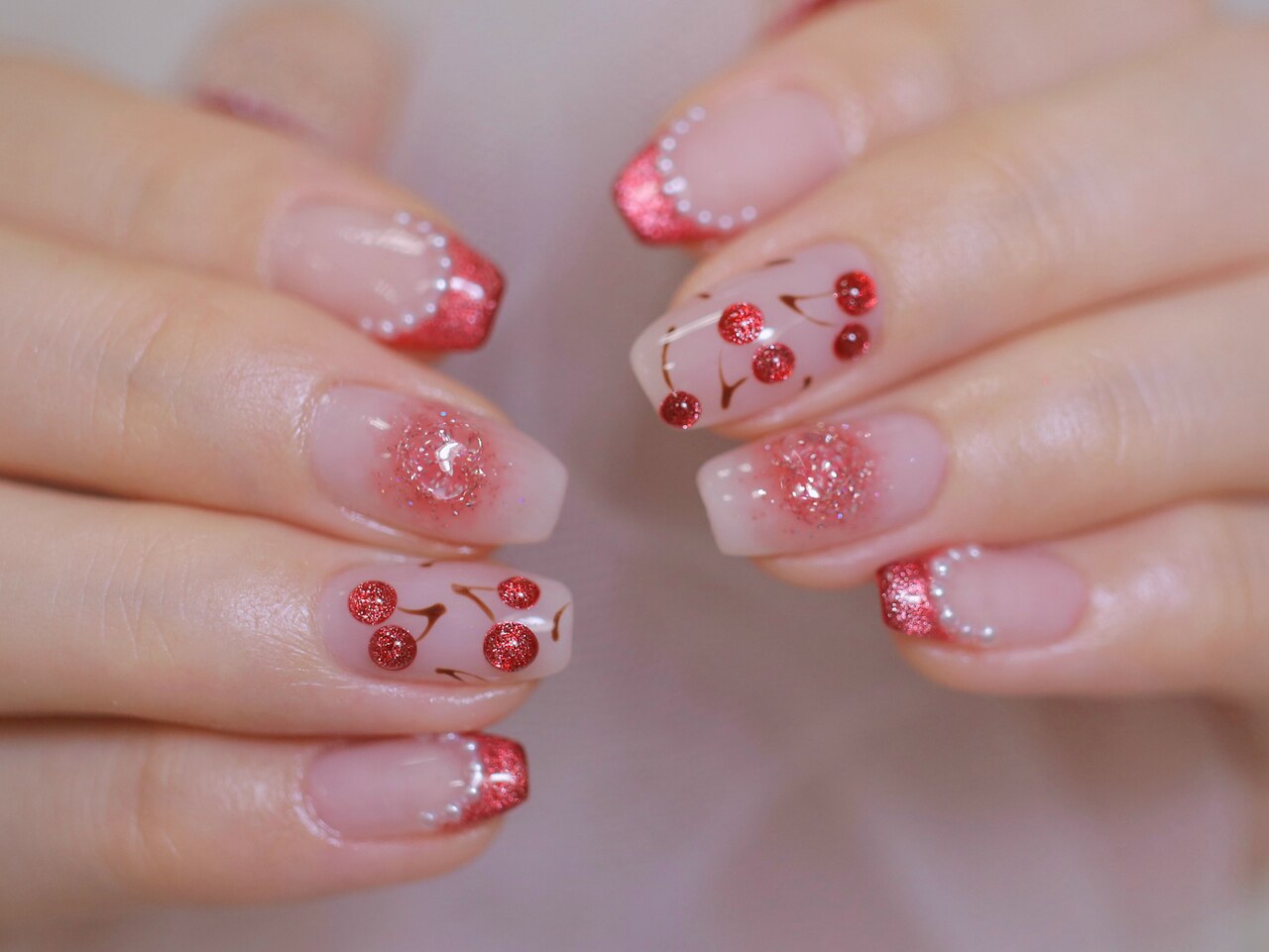 【オーダー】ネイルチップ　さくらんぼ　フレンチネイル　韓国ワンホン　手書きハート ネイルチップ さくらんぼネイル マグネット チークネイル ハート