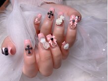 スノーネイルサロン 新宿店(Snow nail salon)/ピンクフレリボンクロス薔薇