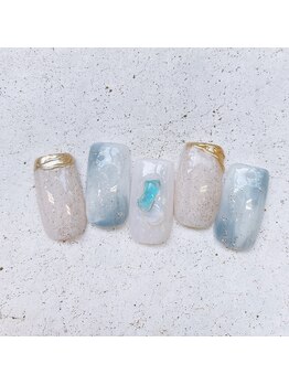 ネイルアンドまつげ リュフェール 五反田(Nail Lufaire)/もやもやブルーとミラーフレンチ