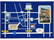 店舗・駐車場　案内図　高城神社様裏側の当店看板が目印です