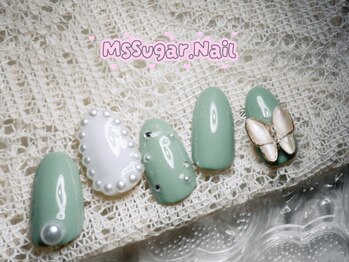 ミスシュガーネイル(MS Sugar Nail)/シンプル定額/ミント蝶々ネイル